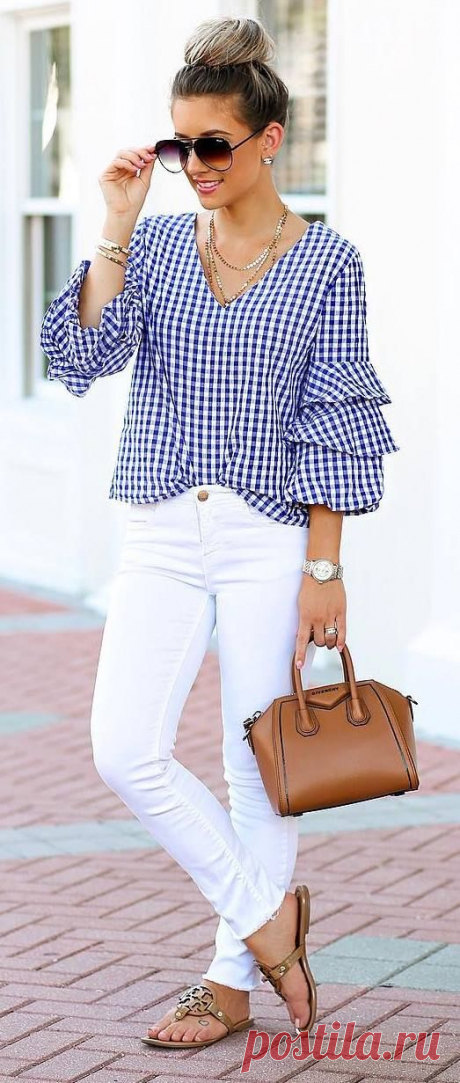 Blue gingham layered sleeve waist grazing blouse with white high waist denim, taupe suede chunky heel sandals (#SteveMadden) and a small brown vegan leather tote. Wearing your hair up in loose pinned curls with small barrel spirals in your bangs and side layers.