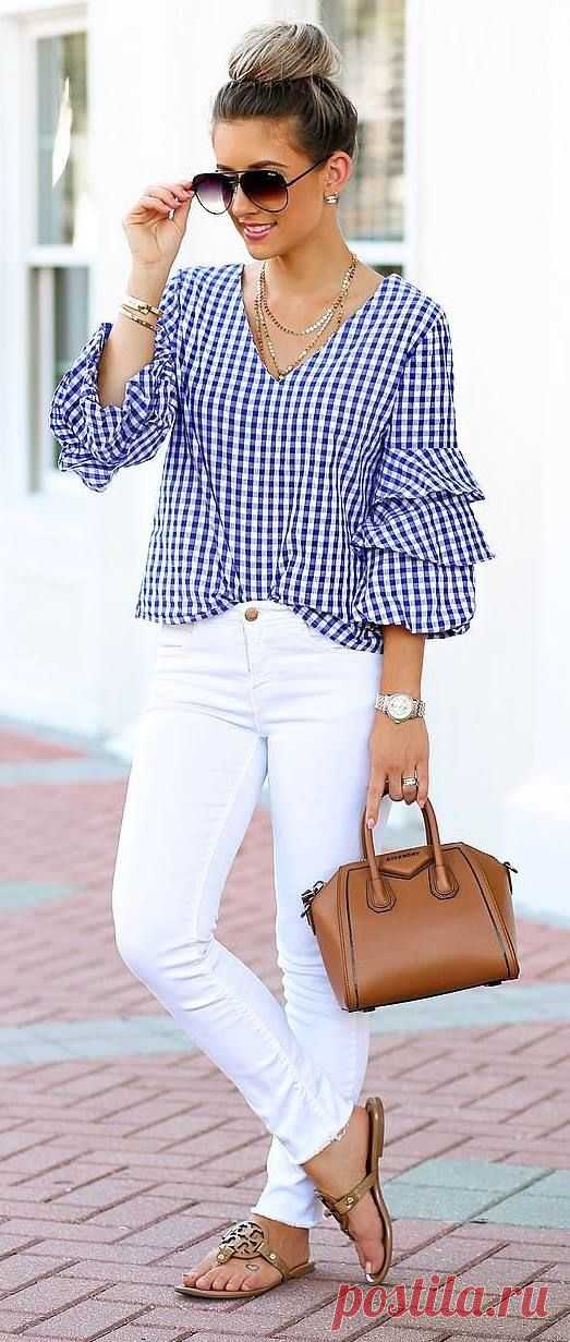 Blue gingham layered sleeve waist grazing blouse with white high waist denim, taupe suede chunky heel sandals (#SteveMadden) and a small brown vegan leather tote. Wearing your hair up in loose pinned curls with small barrel spirals in your bangs and side layers.