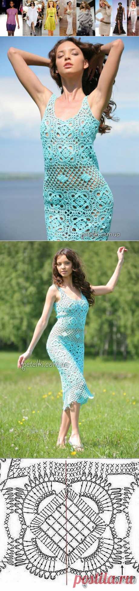 ГОЛУБАЯ МЕЧТА. Шикарный ажурный сарафан из мотивов. Схемы