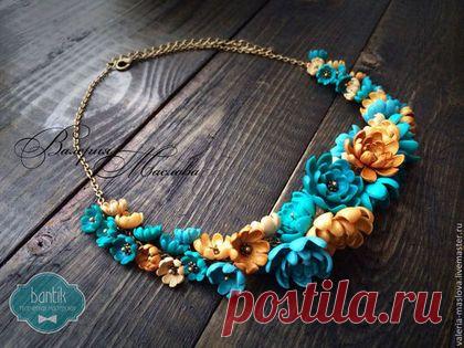 Купить Цветочные серьги веточки из полимерной глины бирюзовые - бирюзовый, темно бирюзовй, золотой, бежевый