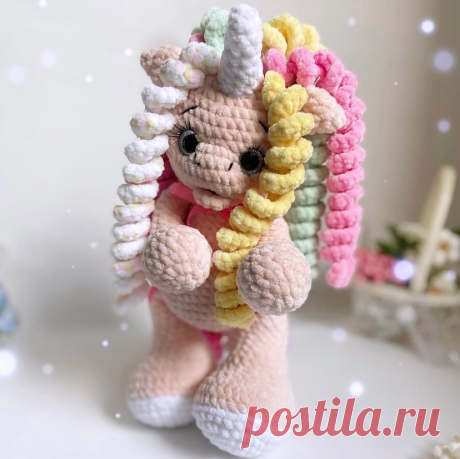 PDF Единорожка Лали крючком. FREE crochet pattern; Аmigurumi animal patterns. Амигуруми схемы и описания на русском. Вязаные игрушки и поделки своими руками #amimore - плюшевый единорог, единорожка из плюшевой пряжи.