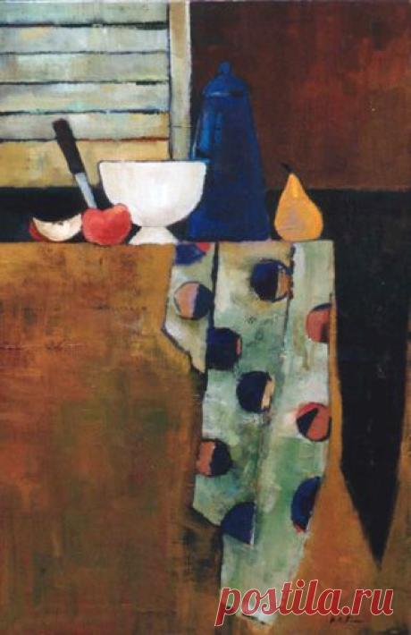 Huile sur toile. CafetiËre bleue et tissu ý pois.