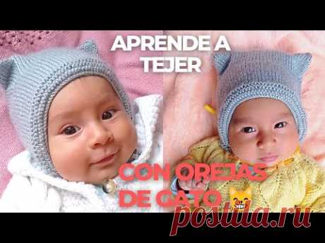 gorra con orejas de gato tejido en dos agujas para tu bebé