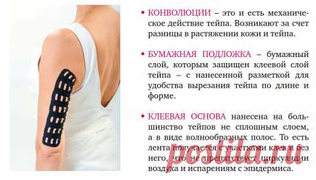 Термины. Свойства кинезиотейпов
Тейп – лента из хлопковой ткани, эластичные свойства которой приближены к параметрам кожного покрова, что не препятствует циркуляции воздуха и испарениям эпидермиса. 
На оборотной стороне на тейп нанесен слой гипоаллергенного акрилового клея, который активизируется при температуре кожи и мгновенно прилипает. 

Именно это позволяет наносить тейп на максимально растянутые мышцы и ткани. При возвращении в естественное положение тейп не отклеива...