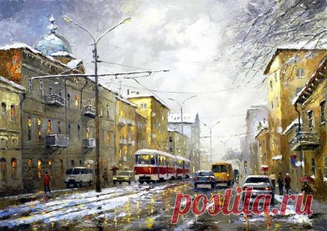 Городская улица. Творчество Дмитрия не ограничивается только импрессионизмом, будучи великолепным художником одинаково хорошо он пишет жанровые картины, городские пейзажи,