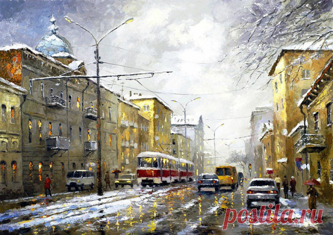 Городская улица. Творчество Дмитрия не ограничивается только импрессионизмом, будучи великолепным художником одинаково хорошо он пишет жанровые картины, городские пейзажи,