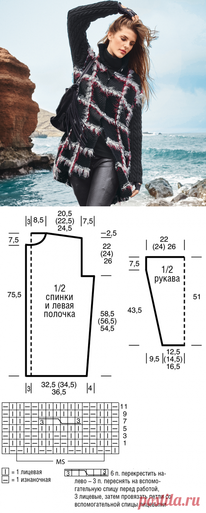 Пальто в клетку с рельефными рукавами - схема вязания спицами. Вяжем Пальто на Verena.ru