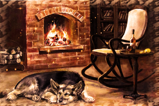 Уютного вечера! Собака у камина - добрый вечер - Картинки