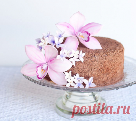 Орхидея из сахарной мастики для шоколадного торта с кокосовым кремом.