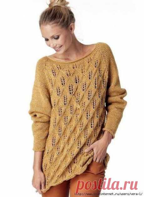 УДЛИНЕННЫЙ ДЖЕМПЕР С АЖУРНЫМ УЗОРОМ
РАЗМЕРЫ
S/M (М/L) L/XL (XL/XXL)
ВАМ ПОТРЕБУЕТСЯ
Пряжа 1 (55% овечьей шерсти, 45% хлопка 50 г/140 м) — 8 (8) 9 (10) мотков цвета охры
пряжа 2 (70% вискозы, 30% люрекса 50 г/190 м) — 6 (6) 7 (8) мотков желтой спицы №6 круговые спицы №5,5 длиной 40 см круговые спицы №6 длиной 40, 60 и 80 см.

УЗОРЫ И СХЕМЫ

ЛИЦЕВАЯ ГЛАДЬ

Лицевые ряды — лицевые петли, изнаночные ряды — изнаночные петли.

АЖУРНЫЙ УЗОР

Вязать по схеме.
1 УБАВКА

1 п. снять, ...