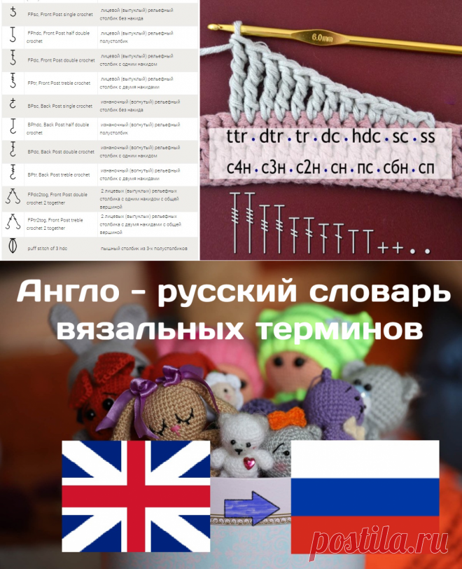 Как перевести схему вязания крючком на русский язык с английского.

Английский , условные обозначения для крючка https://www.liveinternet.ru/users/5807004/post359099413