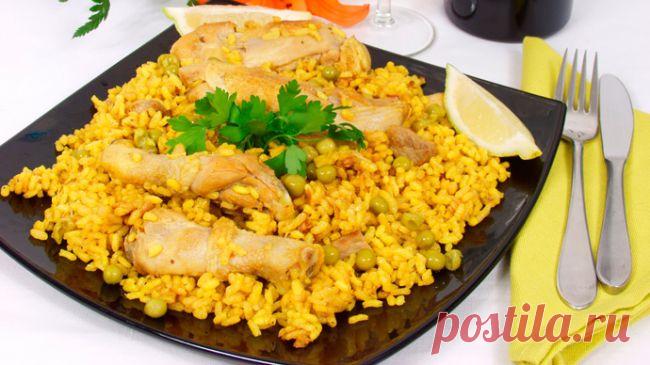 ПАЭЛЬЯ ПО-ВАЛЕНСИЙСКИ  в сковороде !!!  Испанское национальное блюдо. **Курица 250г -крылышки и ножки обжарить на олив/масле 60мл. Добавить прес/чеснок 4зуб+лук 1шт+тимьян 3веточки+рис желтый Арборио 200г, всё обжарить 1мин. Ввести сух/белое вино 150мл+шафран 1щеп+вода. *Сковороду накрыть крышкой, тушить 25мин, переворачивая курицу. За 5мин до окончания- добавить зел/горошек 2с/л+перец. *Эффектное сочетание !!!