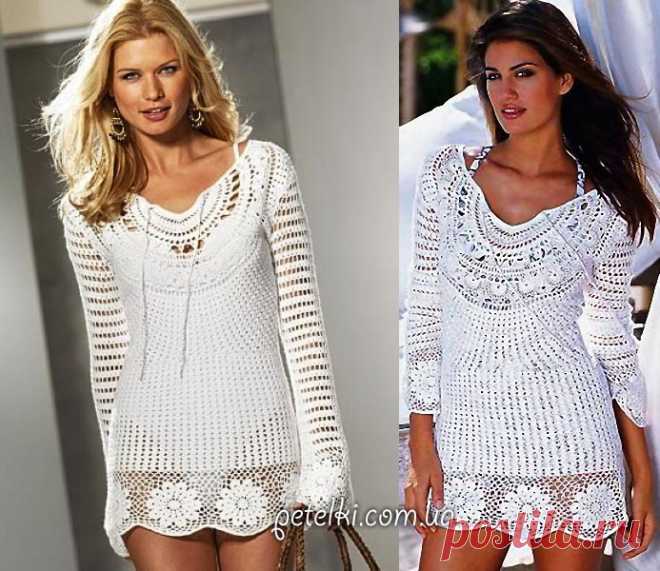 Белоснежная туника крючком КЛЕОПАТРА. Описание, схемы Совершенно очаровательная туника с круглой кокеткой на груди. Для ее вязания вам потребуется тонкая хлопковая пряжа и крючок №3,5-4.   banner_adaptivniy   Вязание начинаем сверху вниз. Набираем 11 воздушных петель, соединяем их в кольцо и вяжем по схеме 1. Основной рисунок -