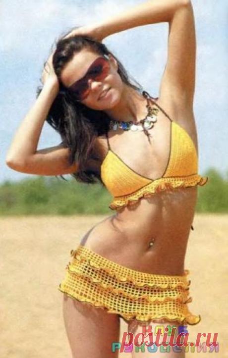 Желто-коричневый купальник и мини-парео - Клуб рукоделия Размер: 36-38 Вам потребуется: пряжа «Лилия» (100% хлопок, 392 м/100 г) — 200 г желтого цвета, 50 г коричневого цвета, крючок №1,5. Купальник Бикини: коричневой…