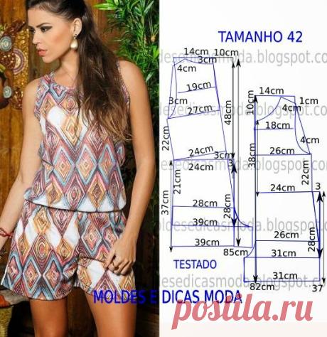 Macacão calção estampado com passo a passo de corte e costura