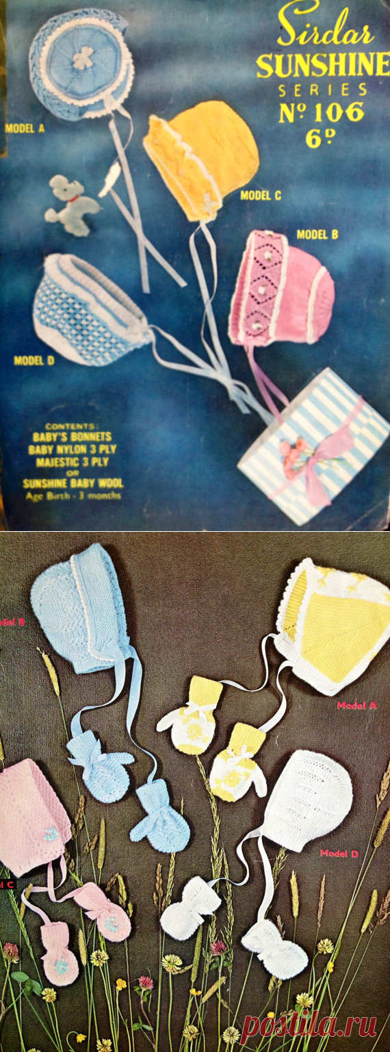 vintage knitting pattern PDF baby bonnets in 3 and 4 ply yarn