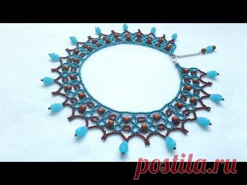 Кружевное колье из бисера. Бирюза и шоколад