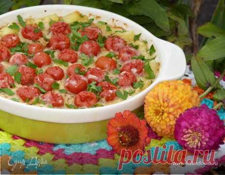 Картофельная запеканка с фаршем и черри: мясо, соль, перец, кориандр молотый, кукуруза консервиров...