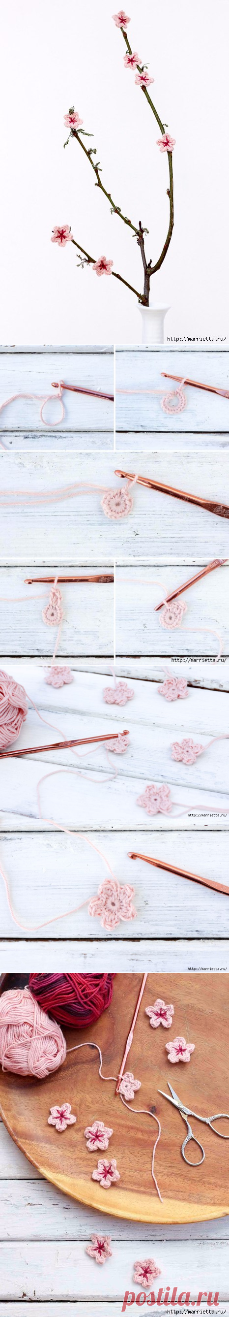 Цветущая вишня крючком. Декоративные веточки своими руками для украшения весеннего интерьера.