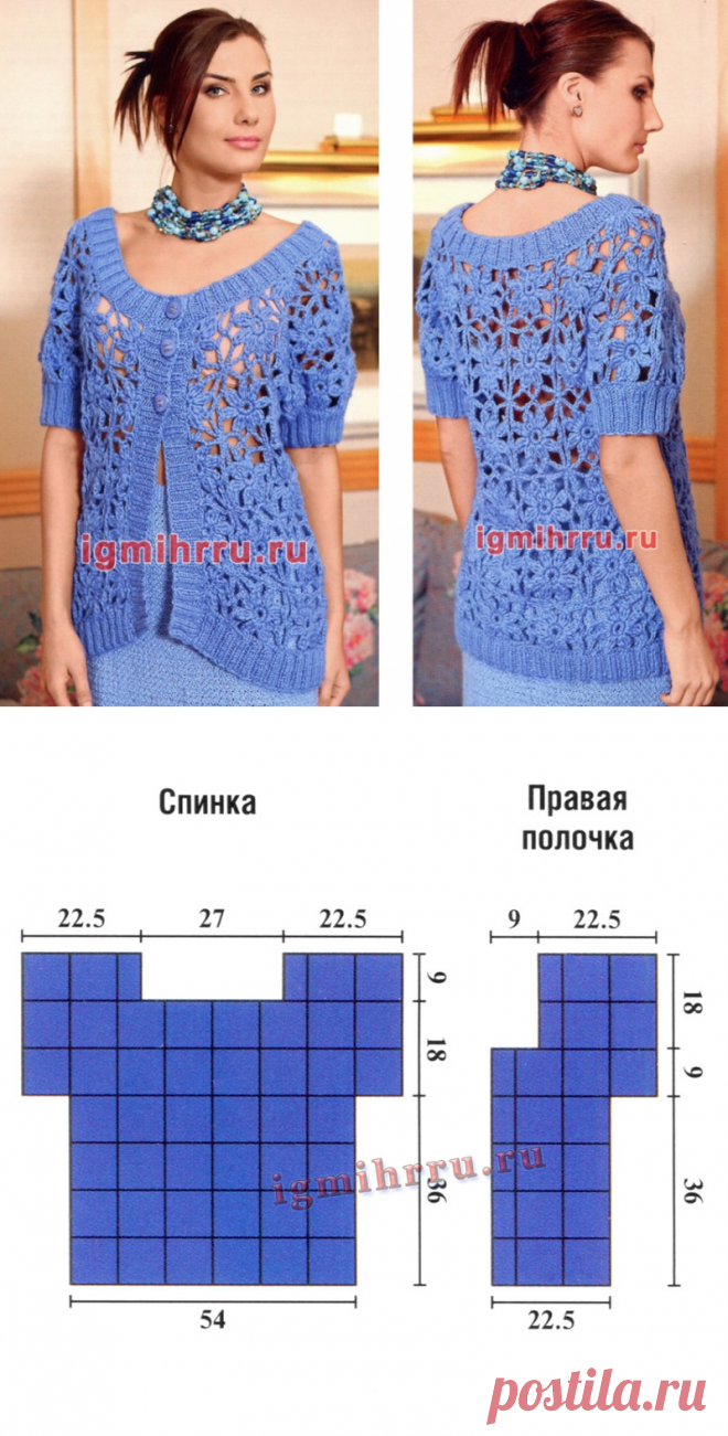 ГОЛУБОЙ ЖАКЕТ ИЗ ЦВЕТОЧНЫХ МОТИВОВ. Вязание крючком