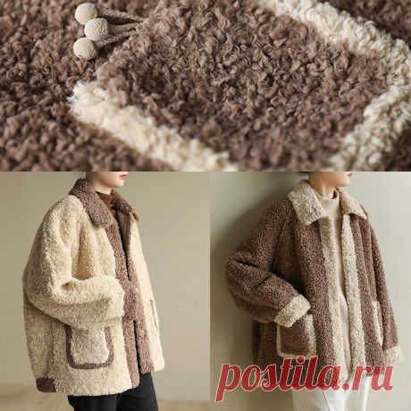 DIY beige Plus Size clothes For Women Tutorials lapel collar patchwork – SooLinen