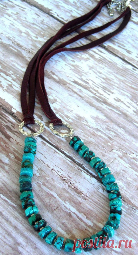 Turquoise Natural Deep Aqua Green Leather Brown by Cheshujewelry, $40.00 | jewelry