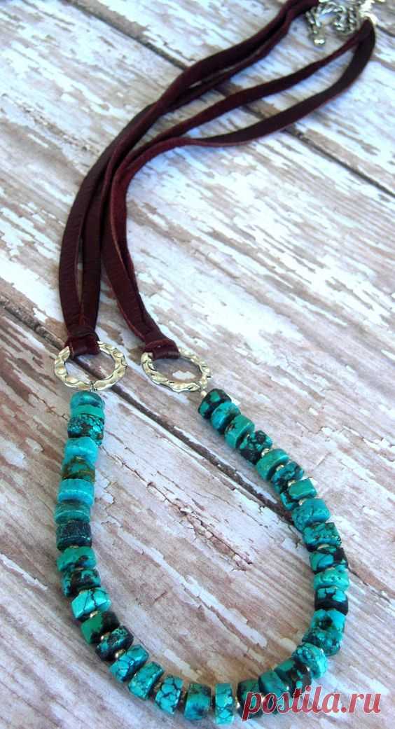 Turquoise Natural Deep Aqua Green Leather Brown by Cheshujewelry, $40.00 | jewelry
