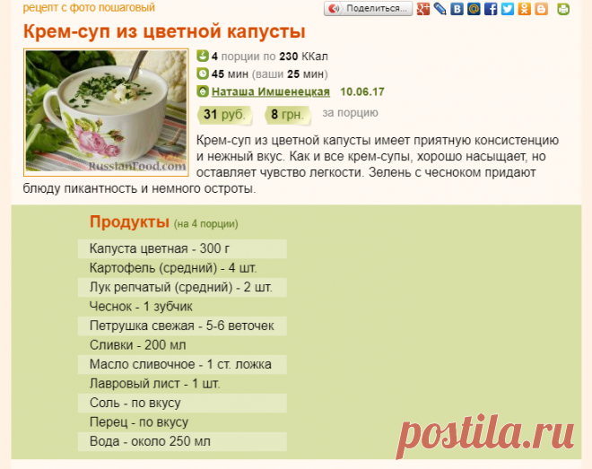 Рецепт: Крем-суп из цветной капусты на RussianFood.com