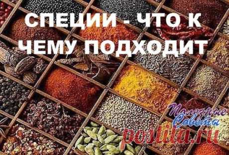 СПЕЦИИ – ЧТО К ЧЕМУ ПОДХОДИТ
ДЛЯ МЯСА: красный, черный, душистый перец или гвоздика, майоран, тимьян, тмин, куркума, лук, орегано.
ДЛЯ ПТИЦЫ: тимьян, майоран, розмарин, шалфей, чабрец, базилик.
ДЛЯ РЫБЫ: лавровый лист, белый перец, имбирь, душистый перец, лук, кориандр, перец чили, горчица, укроп, тимьян.
ДЛЯ ГРИЛЯ: красный перец, душистый перец, кардамон, тимьян, майоран, мускатный орех и мускатный цвет, тмин, имбирь, перец чили.
ДЛЯ ДИЧИ: тимьян, душица обыкновенная, душистый перец, красн