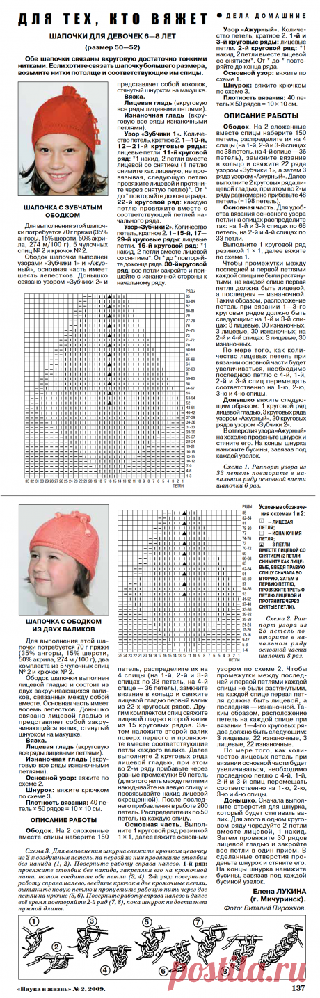 Вязаные шапочки для девочек 6-8 лет