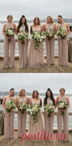 simple champagne bridamaid jumpsuit for bridal parties, elegant halter long birdesmaid dresses #wedding #bridesmaids