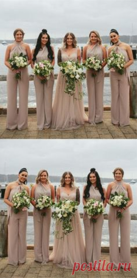 simple champagne bridamaid jumpsuit for bridal parties, elegant halter long birdesmaid dresses #wedding #bridesmaids