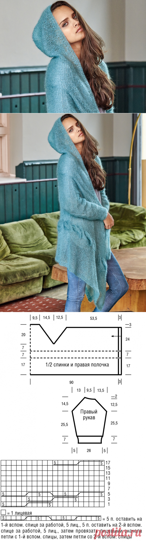 Бирюзовый кардиган с капюшоном - схема вязания спицами. Вяжем Кардиганы на Verena.ru