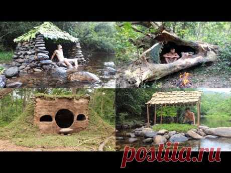 Primitive Technology: Build Stone Hut, House in the Trunk, Hobbit House, Tiled Roof Hut