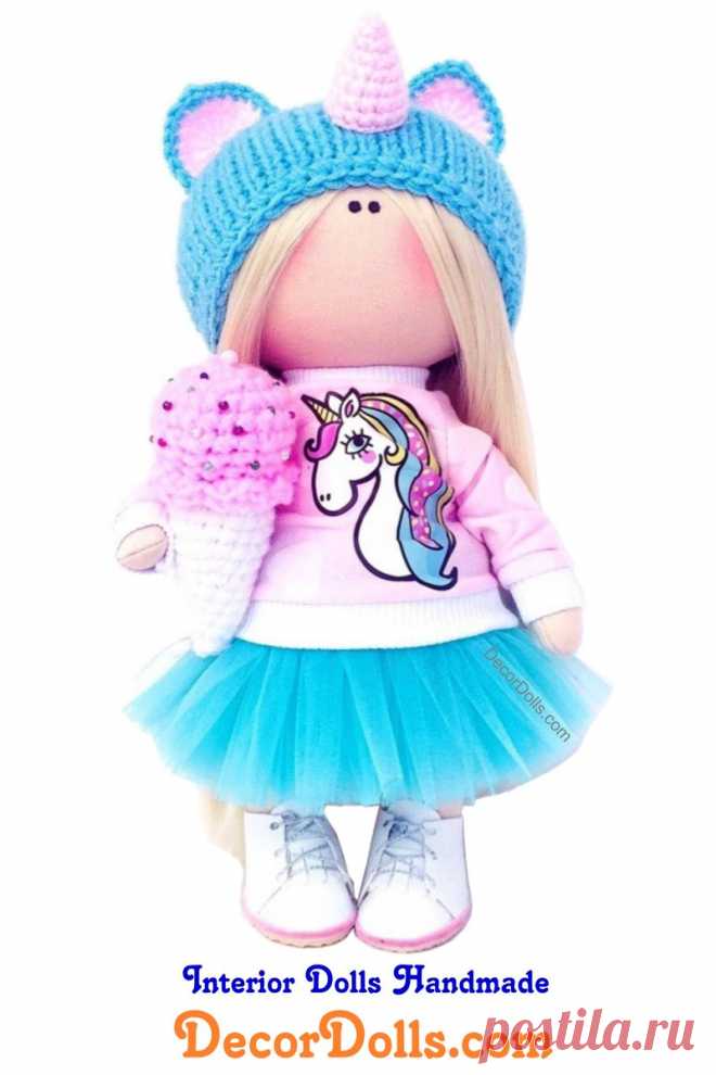 Unicorn Doll Handmade for Nursery Decoration, Unique and Original Gift Idea for Kids by Irina S Hello, dear visitors!This is handmade cloth doll created by Master Irina S (Krasnodar, Russia).  Doll is made BY ORDER. Order production time is 5 - 7 days. FREE SHIPPING TO ANY COUNTRYDoll is 28 cm (11.02 inch) tall and made of only quality materials.You can find them in our shop searching by artist name, stated in th