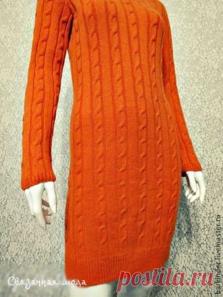 Вязаное платье &quot; Яркий апельсин&quot; - оранжевый,однотонный,платье с косами