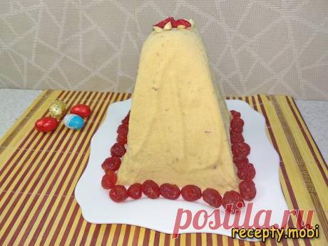 Заварная творожная пасха со сгущенкой, миндалём и вяленой вишней

✅Ингредиенты
творог (9%) – 600-800 г;
желтки – 4 шт;
сметана (20%) – 150 г;
сгущенное молоко (вареное) – 100-200 г. (по вкусу);
сливочное масло - 100 г;
соль – ¼ ч. л;
ванилин – ¼ ч. л;
вяленая вишня – 100-150 г;
миндальный орех – 50 г.