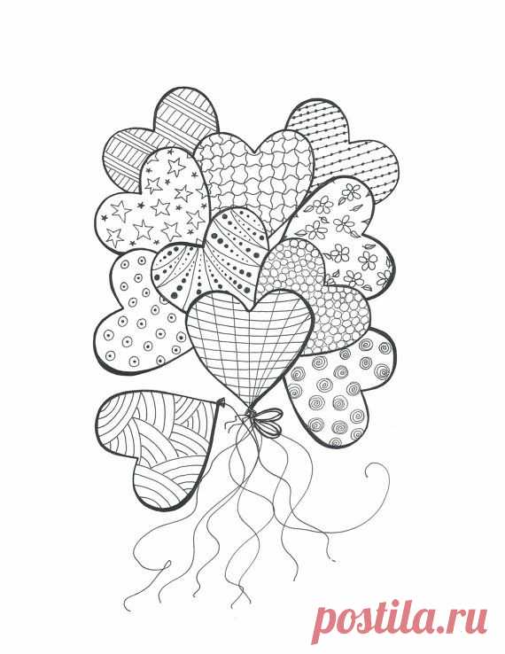 Drawing for Coloring-Bouquet of Heart Balloons-Color In With Markers and Pencils PDF File-EAWT on Etsy