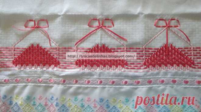 Вышивка протяжками (счетными швами) нитью и узкой ленточкой.
