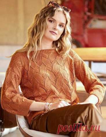 Женский пуловер с оригинальным узором Размеры: 36/38 (42/44) 48/50.Для вязания нам потребуется 500 (550) 600 г пряжи цвета корицы: 40% вискоза, 30% хлопок, 20% лён, 10% полиамид; 125 м/50 г. Спицы № 4 и 4,5.УЗОРЫУзор 1: резинка (нечетное число петель). Лицевые ряды: кромочная, попеременно 1 изнаночная, 1 лицевая, закончить 1...