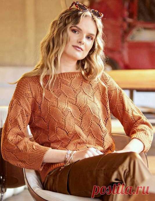 Женский пуловер с оригинальным узором Размеры: 36/38 (42/44) 48/50.Для вязания нам потребуется 500 (550) 600 г пряжи цвета корицы: 40% вискоза, 30% хлопок, 20% лён, 10% полиамид; 125 м/50 г. Спицы № 4 и 4,5.УЗОРЫУзор 1: резинка (нечетное число петель). Лицевые ряды: кромочная, попеременно 1 изнаночная, 1 лицевая, закончить 1...