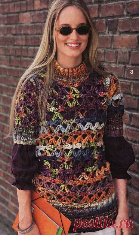 Свитер связан крупным ажуром крючком,  планки довязаны на спицах. Схема узора. Без перевода. / 1001uzor.com