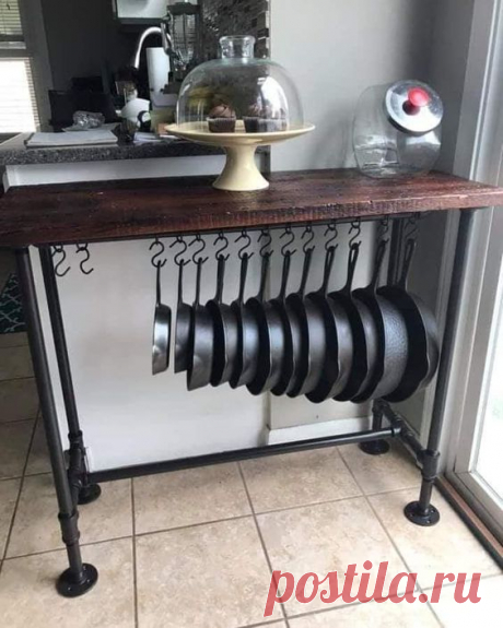 Handmade Hardwood Farmhouse Kitchen Sideboard Table with hanging pan storage