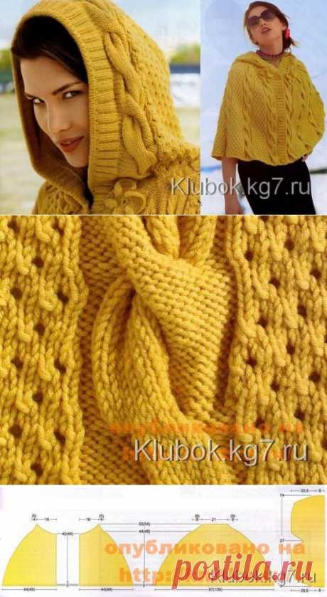 Элегантное пончо с капюшоном спицами из Италии | Клубок