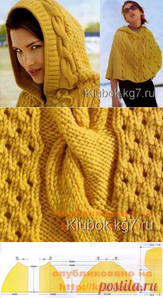 Элегантное пончо с капюшоном спицами из Италии | Клубок