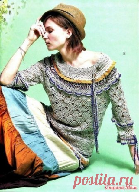 . Романтичный ажурный джемпер с круглой кокеткой. Этот джемпер с круглой кокеткой вполнен не сложным узором и имеет контрастную отделку. Журнал мод 169.