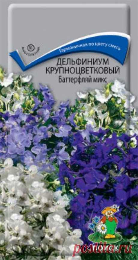 Семена. "Дельфиниум крупноцветковый. Баттерфляй микс", (вес: 0,2 г) Гармоничная смесь из нежных «цветов-бабочек». Высота растения около 40 см, стебли прямые, опушенные. Листья на длинных черешках, пальчато-рассеченные, сверху зеленые, снизу беловатые. Цветы белые, голубые, синие, розовые собраны в редкую кисть на конце стебля. Цветет...