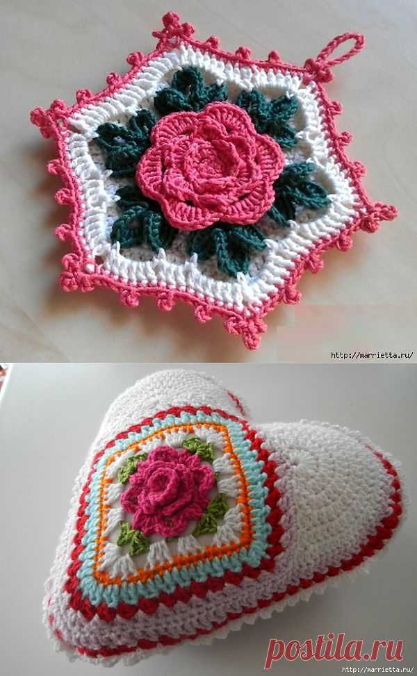 Вязание крючком. Розы и Прихватка с объемной розой.