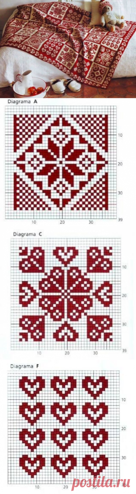 Яркий плед из квадратов, связанных двуцветными орнаментами — Рукоделие