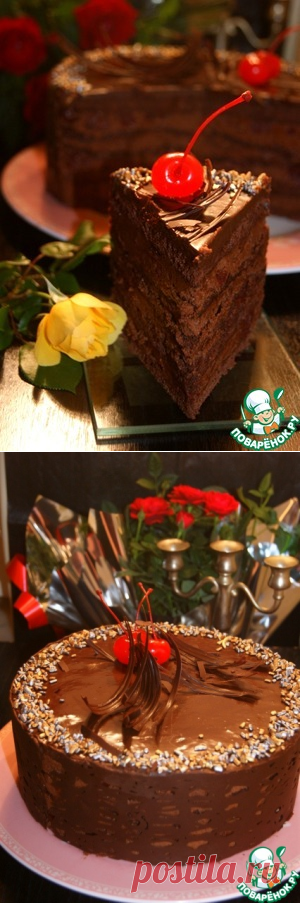 Торт "Марчелло" 
=Коржи:
Яйцо куриное — 7 шт
Мука пшеничная — 70 г
Какао-порошок — 50 г
Сахар — 180 г
Крахмал кукурузный — 40 г
Шоколад темный ((натереть )) — 80 г
=Крем:
Масло сливочное — 250 г
Сахарная пудра — 3 ст. л.
Шоколад темный — 250 г
Молоко — 125 г
Вишня (в собственном соку(свежая или мороженая)) — 400 г
=Глазурь:
Шоколад темный — 70 г
Сливки (30-35%) — 70 г
=Сироп:
Сок ягодный (от вишни) — 100 мл
Ликер (Вишневый) — 2 ст. л.
=Декор:
Шоколад темный — 75 г